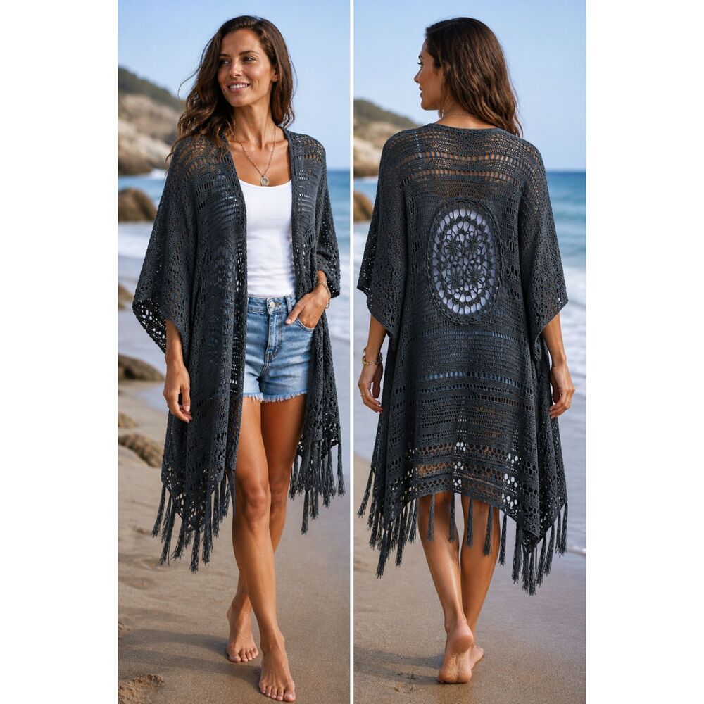 L Love Women S Boho Crochet Fringe Open Cardigan Shawl Kimono Festival Layer H